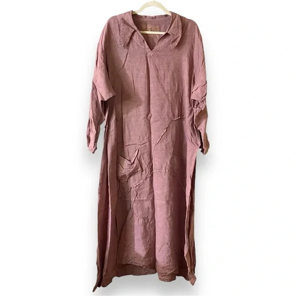 Cynthia Ashby Lagenlook Long Sleeve Linen Dress Dusty Pink Size Large - Picture 12 of 12